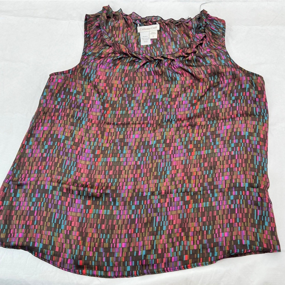 Coldwater Creek Womens Geometric Mosaic Ruffle‎ Neck Sleeveless Blouse Top L 14